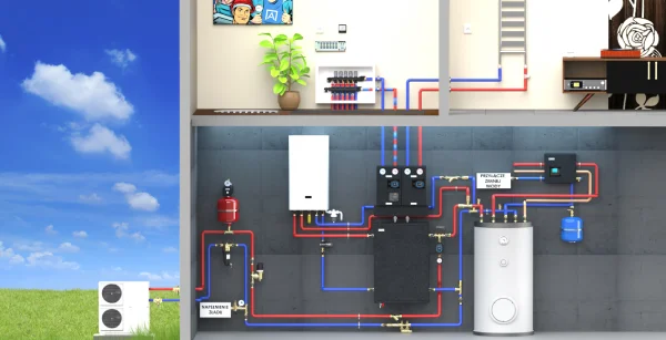 Pompa ciepła typu monoblok, kocioł gazowy, obieg ogrzewania podłogowego i obieg grzejnikowy